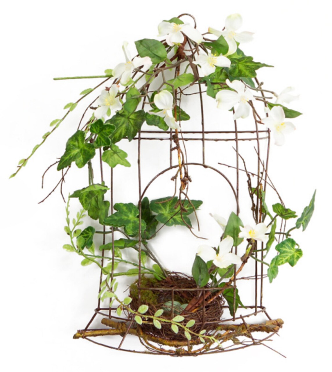 Melrose 14" White Artificial Dogwood Flowers and Ivy Table Top Birdcage Decoration